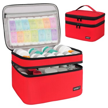 Medicine Storage Bag,Double Layers Pill Bottle Organizer Bag Empty with Lockable Zipper&amp;Adjustable Divider,Medication Travel Carrying Bag for Pills,Vitamins,Medical Supplies,Red