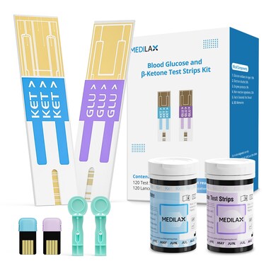 Medilax Blood Ketone and Sugar Strips, Only for Medilax Keto Test and Glucose Meter, 60 Count Diabetic Strips, 60 Count Blood Ketone Strips, 120 Blood Lancets