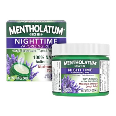Mentholatum Nighttime Vaporizing Rub, Lavender Scent, Maximum Strength Cough Suppressant, Topical Chest Rub &amp; Analgesic Ointment, Soothing Vapors Relieve Aches &amp; Pains Due to Cold &amp; Cough, 1.76 oz