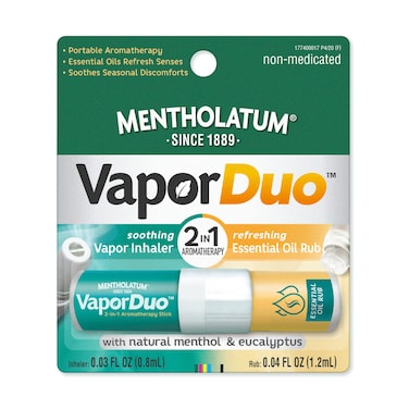 Mentholatum Vapor Duo, Non-Medicated Nasal Vapor Inhaler, Essential Oil Rub, 2-in-1 Aromatherapy Stick Soothes Irritated Nasal Passages Due to Colds &amp; Seasonal Irritants, Natural Menthol &amp; Eucalyptus