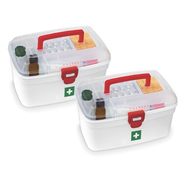 MILTON Medical Box, First Aid Empty Medicine Storage Box Organizer Family Emergency Kit Detachable Tray Easily Accessible with a Transparent Lockable Lid White - Set of 2