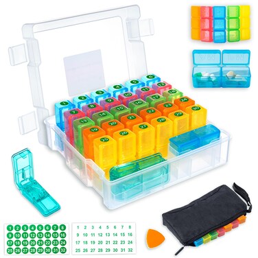 Monthly Pill Organizer 2 Times a Day, Portable AM PM Pill Box with Weekly Travel Bag, Large Capacity Medicine Organizer with Labels, 30 Day Pill Case &amp; Pill Cutter for Medication Management (White)