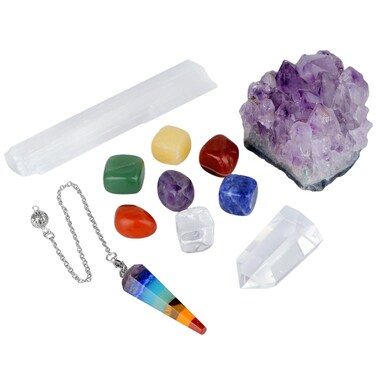 mookaitedecor 11 pcs Healing Crystals Set, 7 Tumbled Stones, Chakra Pendulum, Amethyst Cluster, Selenite, Crystal Point Meditation Kits for Reiki &amp; Balancing