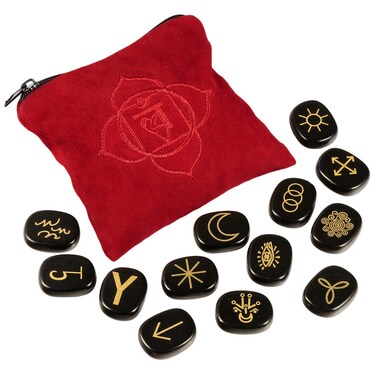 mookaitedecor 13 PCS Picture Jasper Witches Runes Engraved Gypsy Symbol, Healing Crystal Stone with Solar Plexus Chakra Bag for Reiki Meditation Divination