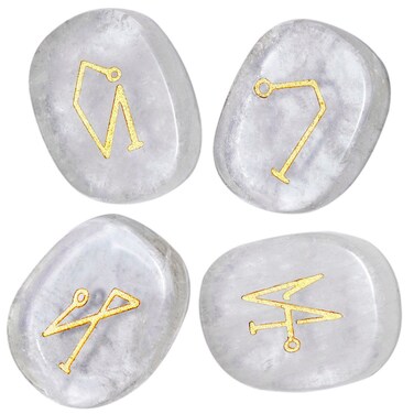 mookaitedecor 4 Piece Rock Quartz Stones Engraved Angel Symbols Polished Palm Stones for Reiki Crystal Healing
