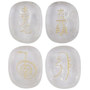 mookaitedecor 4 Piece Rock Quartz Stones Engraved Chakra Symbols Polished Palm Stones for Reiki Crystal Healing