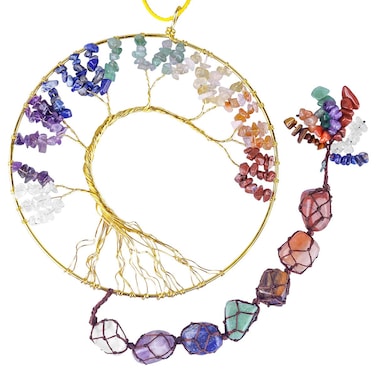 mookaitedecor 7 Chakra Crystal Tree of Life with Tumbled Stones Wall Hanging Ornament Window Home Decor 23-24 Inch
