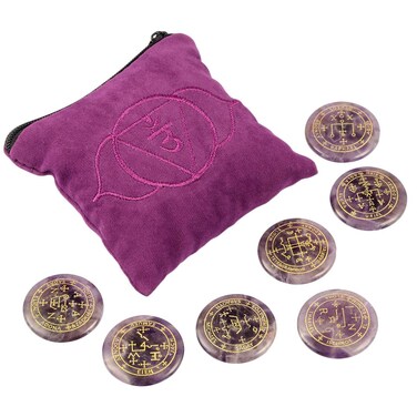 mookaitedecor 7 PCS Amethyst Stones Engraved Magic Archangel Symbol, Polished Palm Stone Crystal Set with Crown Chakra Bag for Reiki Healing