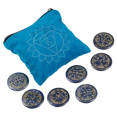mookaitedecor 7 PCS Lapis Lazuli Stones with Engraved Magic Archangel Symbol, Polished Palm Stone Crystal Set with Throat Chakra Bag for Reiki Healing