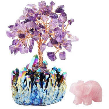 mookaitedecor Amethyst Crystal Money Tree Crystals Base &amp; Rose Quartz Elephant Statue Figurine for Feng Shui, Wealth and Luck