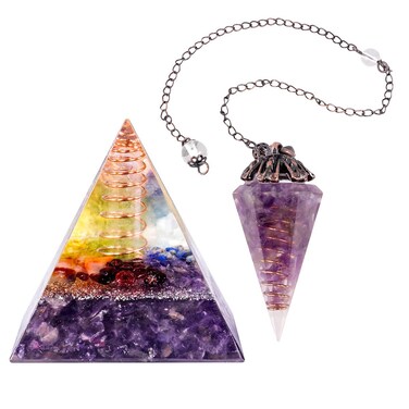 mookaitedecor Amethyst Orgone Pyramid &amp; Pendulum Set, Decorative Crystal Display for Divination, Chakra Healing and Meditation Yoga Balancing