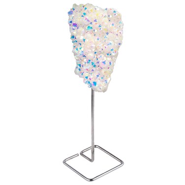 mookaitedecor Angel Aura Titanium Coated Rock Quartz with Stainless Stand, Geode Crystal Cluster Stone for Healing Reiki and Home Decor