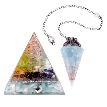 mookaitedecor Aquamarine Orgone Pyramid &amp; Pendulum Set, Decorative Crystal Display for Divination, Chakra Healing and Meditation Yoga Balancing