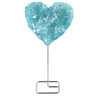 mookaitedecor Blue Titanium Coated Rock Quartz with Stainless Stand, Heart Shaped Geode Crystal Cluster Stone for Healing Reiki and Home Decor