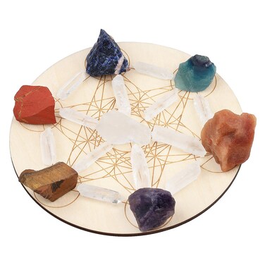 mookaitedecor Healing Crystal Grid with Wooden Metatron's Sacred Geometry, Chakra Raw Stones &amp; Rock Crystal Point Meditation Altar Kit for Beginners
