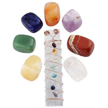 mookaitedecor Healing Crystals Set,7 Chakra Stones &amp; Crystal Selenite Wand Wire Wrapped Tumbled Chip Stone Kits for Reiki,Balancing