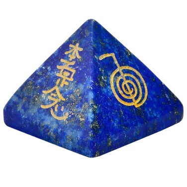mookaitedecor Lapis Lazuli Crystal Pyramid Stone with Engraved Chakra Symbol, Healing Crystals Energy Generator for Reiki Meditation Divination Decoration