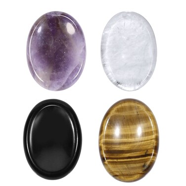 mookaitedecor Oval Shape Thumb Worry Stone Pack of 4, Polished Pocket Palm Gemstone for Anxiety Crystal Therapy Meditation Balancing, Amethyst+Rock Quartz+Tiger's Eye+Black Obsidian