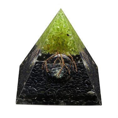 mookaitedecor Peridot Tree of Life Orgone Pyramid with Obsidian Tumbled Stones and Glass Crystal Ball, Reiki Healing Meditation Energy Generator for Protection Home Decor