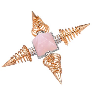 mookaitedecor Rose Quartz Pyramid Healing Crystal Stone Energy Generator with 4 Spiral Copper Points for Reiki Balancing Meditation, Rose Gold Plated