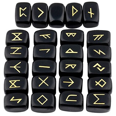 mookaitedecor Rune Stones Set with Engraved Elder Futhark Alphabet Crystal Meditation Divination, Black Obsidian