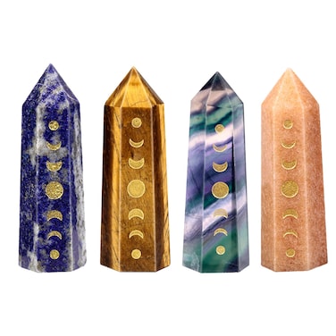mookaitedecor Set of 4 Engraved Moon Phase Lunar Eclipse Crystal Wand Point Faceted Stone for Reiki Chakra Meditation Home Decoration(Lapis Lazuli+Tiger's Eye+Fluorite+Red Aventurine)