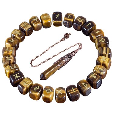 mookaitedecor Tiger's Eye Runes Stones Set &amp; 6 Facted Crystal Pendulum for Divination Dowsing Meditation Balancing