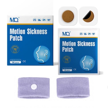 MQ 28 ct Motion Sickness Patches Non Drowsy Sea Sickness Patch for Cruise Travel Essentials, Waterproof Car Sick Patches Behind Ear Fast Acting &amp; Long Last 72H, 2 Pairs of Wristbands as a Bonus