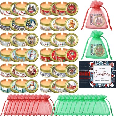 MTLEE 24 Sets Christmas Scented Soy Wax Candles Aromatherapy Candles with Organza Bag and Cards Bulk, Portable Travel Tin Candle Party Favors Christmas Gifts for New Year Home Supplies(Romantic)