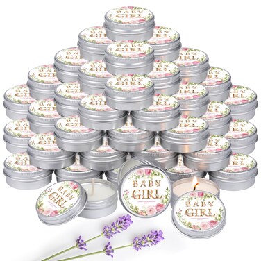MTLEE 50 Pcs Baby Shower Scented Candles Gift Travel Tin Aromatherapy Candles Favors for Winter Baby Shower Favors Wedding Gifts, Compound Scent Essential Oil(Baby Girl)