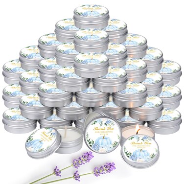 MTLEE 50 Pcs Little Pumpkin Baby Shower Favors Baby Shower Lavender Scented Candles Gift Travel Tin Soy Wax Candle Aromatherapy Candle Favors for Baby Shower Favors(Blue,Boys Pumpkin)