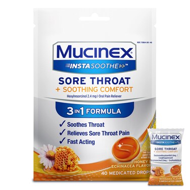 Mucinex Instasoothe Sore Throat Relief Drops, Sore Throat Lozenges, Sore Throat Medicine with Hexylresorcinol, Cough Drops Alternative, Honey &amp; Echinacea Flavor Medicated Numbing Throat Drops, 40 ct