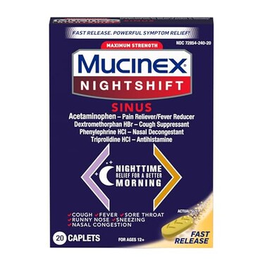 Mucinex Nightshift Sinus, Maximum Strength Powerful MultiSymptom Night Relief, 20 Fast Release Caplets Pain Reliever/Fever Reducer, Cough Suppressant, Nasal Decongestant &amp; Antihistamine