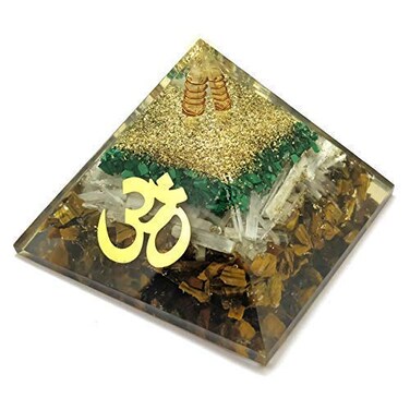 Multistone Orgone Crystal Pyramid Malachite Selenite Tiger Eye with Om Symbol Reiki Healing Chakra Balancing Aura Cleansing Energy Generator Yoga Meditation Size: 60-70 MM