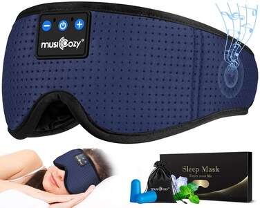 MUSICOZY Sleep Headphones Bluetooth Sleep Eye Mask for Sleeping, Headband Wireless Headphones Sleeping Masks Headphones, Sleep Earbuds for Side Sleepers Men Women with Speakers Cool Tech Gadgets(Blue)