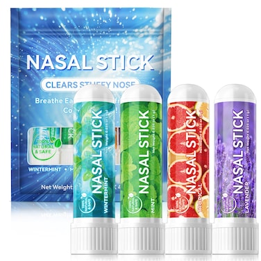 Nasal Sticks (4 Pack), Nose Inhaler Stick with Essential Oils + Menthol (Mint, Wintermint, Tropical, Lavender) - Enhance Focus &amp; Breathe Better, Provides Fresh Cooling Sensation