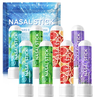 Nasal Sticks (8 Pack), Nose Inhaler Stick with Essential Oils + Menthol (Mint, Wintermint, Tropical, Lavender) - Enhance Focus &amp; Breathe Better, Provides Fresh Cooling Sensation
