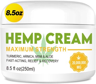 Natural Hemp Cream with Arnica, MSM, Turmeric, Emu Oil, Menthol, Aloe - Hemp Cream Maximum Strength for Discomfort in Muscle, Back, HIPS, Joints, Knees, Elbows - 8.5 fl oz