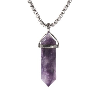Natural Lepidolite Lithium Mica Gemstone Hexagonal Pointed Reiki Chakra Chain Necklace 20" High-Grade Iron Gift Box
