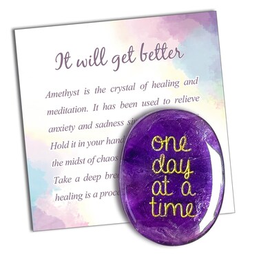 Nature Amethyst Healing Crystal One Day at A Time, Inspirational Thinking of You Gifts for Women Men