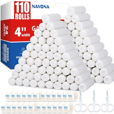 Navona 110 Pack Gauze Rolls Bandages, 4 in x 4.1 Yards, Individually Wrapped Breathable Rolled Gauze, Mummy Wraps, Premium First Aid Supplies &amp; Medical Supplies for Wounds
