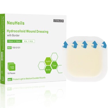 NeuHeils Hydrocolloid Adhesive Bandages, Hydrocolloid Wound Dressing with Border 4''x4'' for Light to Medium Exudate Wounds, Bed Sore, Minor Burns, Abrasions, Cuts, Superficial Wound 10 Packs