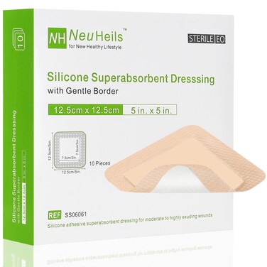 NeuHeils Silicone Super Absorbent Wound Dressing 5''x5'' 10 Packs, Self-Adhesive Waterproof Bandage with Ultrasorb Polymer Pad for Heavy Exudates Wound