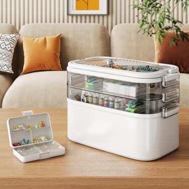 NiHome Home &amp; Travel 4-Tier Medicine Storage Box with Portable Pill Case, Durable Adjustable Compartments, Moisture-Resistant Lid, Secure Handles for Pill Organization, Vitamins, Supplements (White)