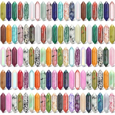 Nuenen 100 Crystal Hexagonal Wand Stones Bulk Bullet Shaped Worry Stones Gem Stones Sets Witch Hexagonal Bullet Shaped Chakra Crystals for Witchcraft Meditation Divination