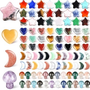 Nuenen 100 Pieces Crystal Bulk Mushroom Sculpture Valentine Heart Shaped Moon Star Crystals Stones Worry Stones Assorted Hand Making Palm Thumb Gemstones for Meditation Reiki Balancing