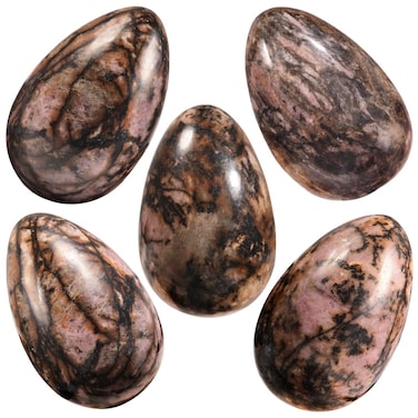 Nupuyai Pack of 5 Polished Healing Worry Stone Crystal Egg Decor, Puff Oval Pocket Palm Stones Kit for Meditation Relaxation Reiki Balancing, Rhodonite Stone