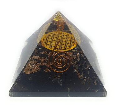 Orgone Black Tourmaline Pyramid with The Flower of Life Symbol/Energy Generator Crystals for Reiki, Protection &amp; Handmade Pouch/Balancing Positive Energy &amp; Negative Energy Removal