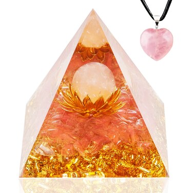 Orgone Pyramid, Rose Quartz Crystal Pyramid for Calm &amp; Love, Healing Crystal Orgonite Positive Energy Generator with Flower of Life
