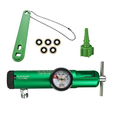 Oxygen Regulator Set for Oxygen Tank CGA 870 Connection, 0-15 LPM, 0.12 LPM Ultra Low Flow Regulation, DISS Outlet, Includes 1 Wrench, 5 Brass Yoke Washer Seals and 1 Oxygen Tubing Swivel Nipple